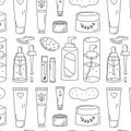 seamless pattern outline with hand drawn doodle elements of facial skin care products