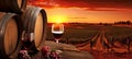 drink wine alcohol glass bottle grape barrel beverage winery sunset. Generative AI. Royalty Free Stock Photo