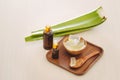 Bottle of aloe vera essential oil with peeled aloe and leaves - beauty treatment Royalty Free Stock Photo