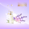 Bottle of antiseptic gel over violet lavender flowers on purple background. Sanitizer gel pump dispenser. Vector Royalty Free Stock Photo