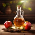 Bottle apple cider vinegar and fresh apples in wooden backgrounds. Ai generative Royalty Free Stock Photo