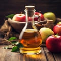 Bottle apple cider vinegar and fresh apples in wooden backgrounds Royalty Free Stock Photo