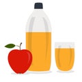 Bottle of apple cider vinegar, glass with drink and red apple. Vector flat cartoon illustration