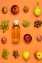 Bottle With Apple Cider or Vinegar with Raw Autumn Fruits Grape Apples Pears Plums on Orange Background Top View Vertical