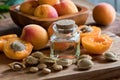 A bottle of apricot kernel oil with apricot kernels and apricots Royalty Free Stock Photo