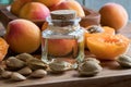 A bottle of apricot kernel oil with apricots and apricot kernels Royalty Free Stock Photo