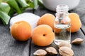 A bottle of apricot oil with apricot seeds and ripe apricots on a wooden table