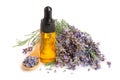 Bottle with aroma oil and lavender flowers isolated on white background Royalty Free Stock Photo