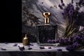 Bottle of aroma perfume with lilac. Generative AI Royalty Free Stock Photo