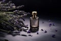 Bottle of aroma perfume with lilac. Generative AI Royalty Free Stock Photo