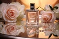 Bottle of aroma perfume with pink roses nearly. Generative AI Royalty Free Stock Photo
