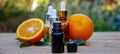 bottle of aromatic essence and fresh orange on the background of nature. Royalty Free Stock Photo