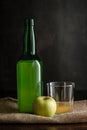Bottle of Asturian cider with glass and apple on dark background Royalty Free Stock Photo