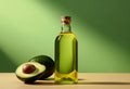 Bottle of avocado essential oil with fresh avocado fruit