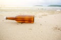 Bottle on beach sea and sky.from the sea rinsed bottle on the beach.