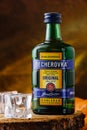 A bottle of becherovka on a black and orange background Royalty Free Stock Photo