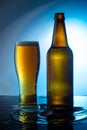 bottle of beer with a glass of foamy beer on a blue background, on the water Royalty Free Stock Photo