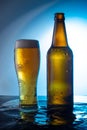 bottle of beer with a glass of foamy beer on a blue background, on the water Royalty Free Stock Photo