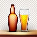 Bottle Of Beer And Glass With Frothy Drink Vector