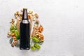 A bottle of beer, hops and grain. Top view. Royalty Free Stock Photo