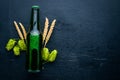 A bottle of beer, hops and grain. Top view. Royalty Free Stock Photo