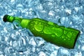 Bottle of beer in ice cubes.Closeup.Green bottle.Hot Summer fresh drink