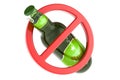 Bottle of beer inside forbidden sign. Alcohol prohibition concept, 3D rendering