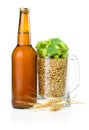 Bottle of beer, Mug of barley and hops, Wheat ears Royalty Free Stock Photo