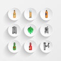 bottle of beer, beer mug, beer bottle and brewery icons on plate illustration set