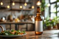 A bottle of beer sits on a table next to a plate of salad