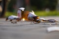 Bottle of beer, soda or drugs from dark glass is broken. Shattered beer bottle on ground in sunset light. Fragments of glass on Royalty Free Stock Photo