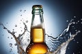 A bottle of beer in splashes of water