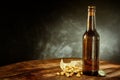 Bottle of Beer on Table with Peanuts and Cap Royalty Free Stock Photo