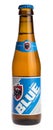 Bottle of Belgian Jupiler Blue beer isolated on white