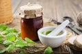 Bottle of birch salve, balm or tar oil, birch leaves, mortar on wooden table. Alternative medicine