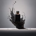 A bottle of black liquid is splashing on a white background, AI Royalty Free Stock Photo