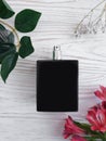 Bottle black perfume spray glamour elegant on wooden background fragrance