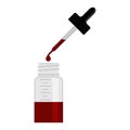 Vial with a plastic pipette, open lid and falling drop red color. Glass bottle with a pipette, vector drawing. 