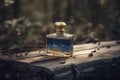 A bottle of blue perfume in an outdoor setting sitting on a wood. Ai generated