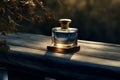 A bottle of blue perfume in an outdoor setting sitting on a wood. Ai generated