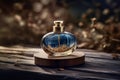 A bottle of blue perfume in an outdoor setting sitting on a wood. Ai generated