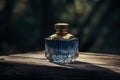 A bottle of blue perfume in an outdoor setting sitting on a wood. Ai generated