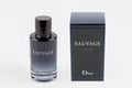 Bottle and box of Christian Dior Sauvage EDT for men Royalty Free Stock Photo