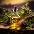 Bottle of burdock plant oil on backgrounds
