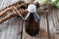 A bottle of burdock tincture with burdock root