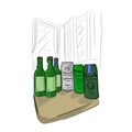 Bottle and can of beer on table in the room vector illustration sketch doodle hand drawn with black lines isolated on white Royalty Free Stock Photo