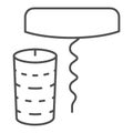 Bottle cap and corkscrew thin line icon. Wine bottle opener and cork outline style pictogram on white background