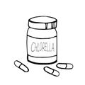 Bottle and capsules of chlorella hand drawn in doodle style. single element for design. super food, algae, pharmacy, medicine