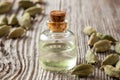 A bottle of cardamon essential oil and seeds Royalty Free Stock Photo