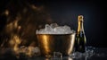 Bottle of champagne in bucket of ice on gold blink blurred background, generative ai Royalty Free Stock Photo